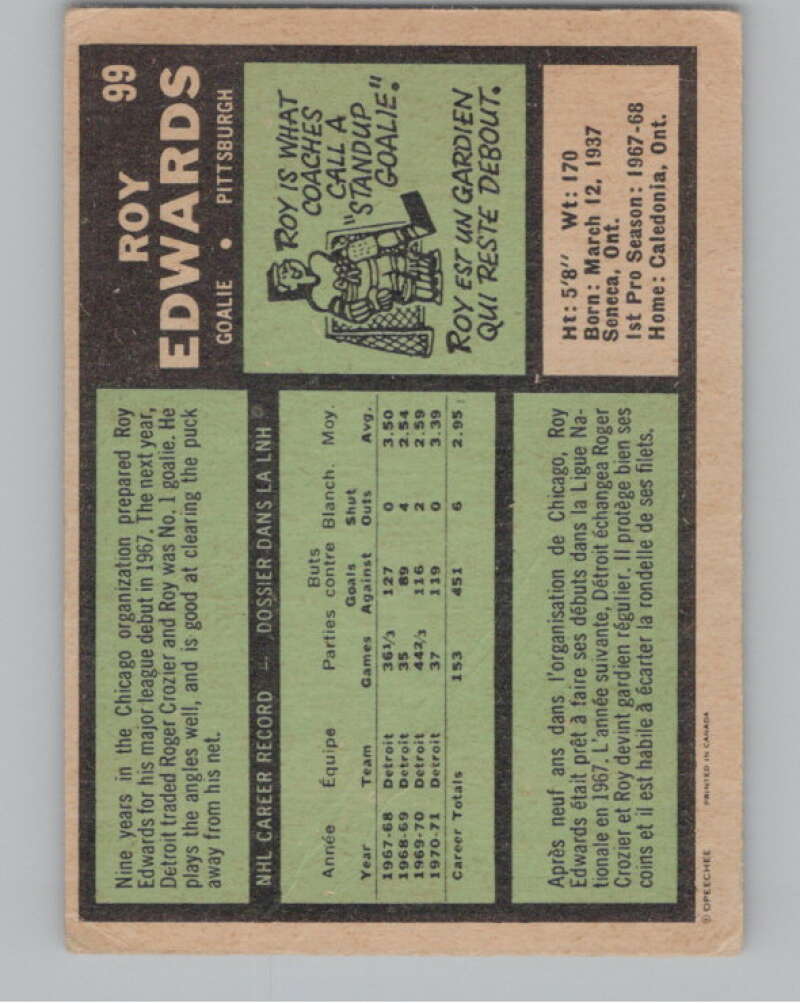 1971-72 O-Pee-Chee #99 Roy Edwards Pittsburgh Penguins V99130 Image 2