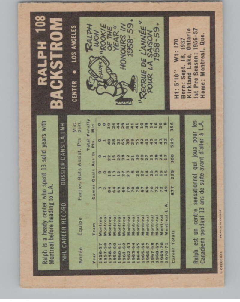 1971-72 O-Pee-Chee #108 Ralph Backstrom Los Angeles Kings V99136 Image 2