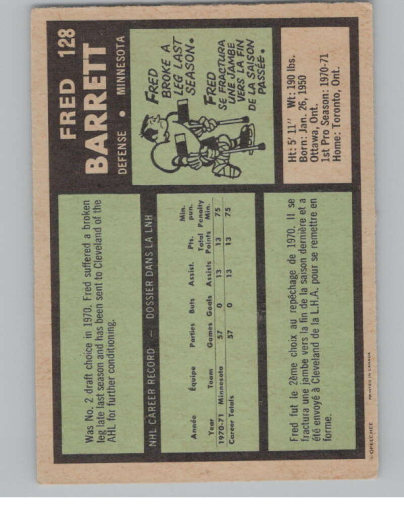 1971-72 O-Pee-Chee #128 Fred Barrett RC Rookie North Stars V99145 Image 2