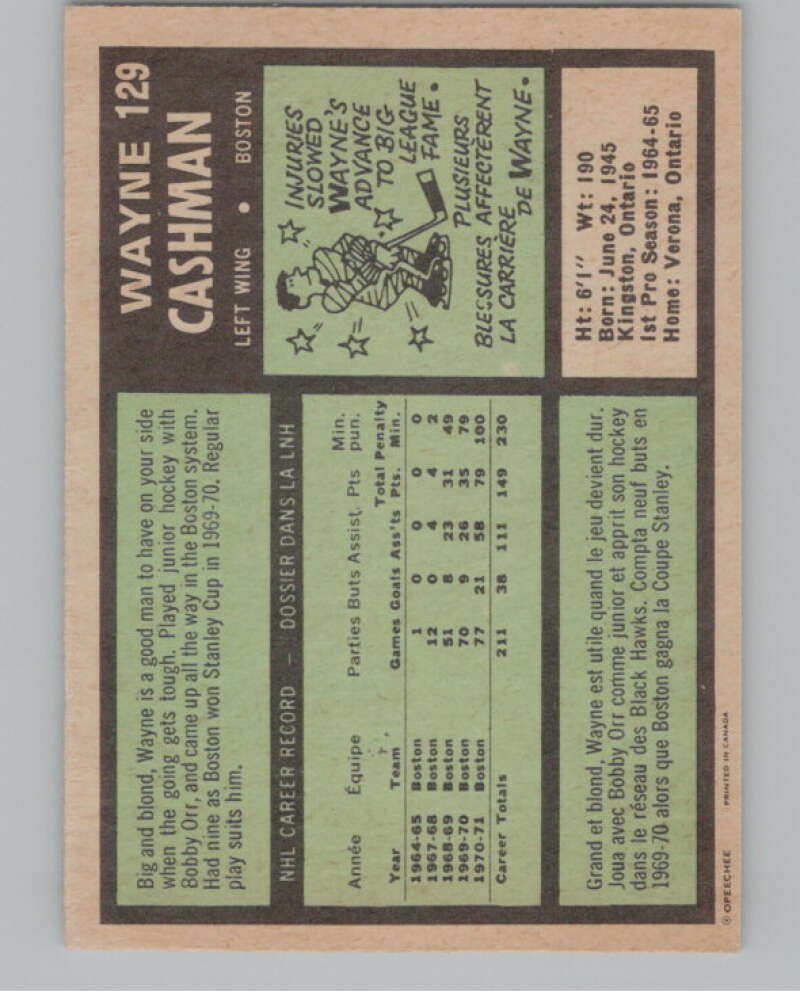 1971-72 O-Pee-Chee #129 Wayne Cashman Boston Bruins V99146 Image 2