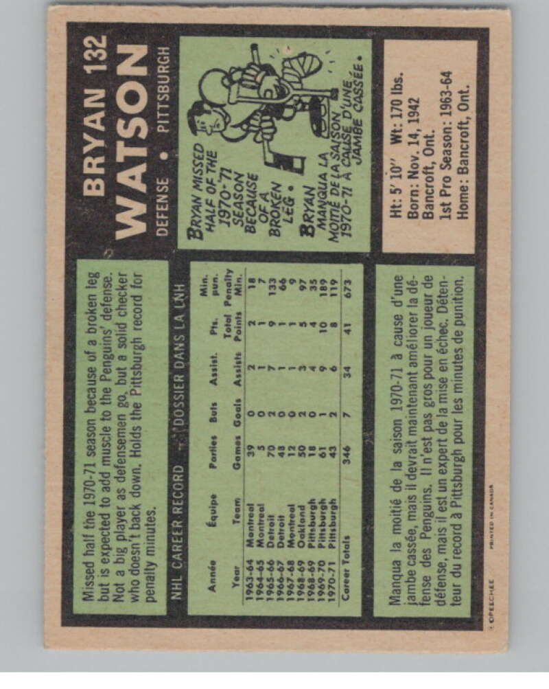 1971-72 O-Pee-Chee #132 Bryan Watson Pittsburgh Penguins V99147 Image 2