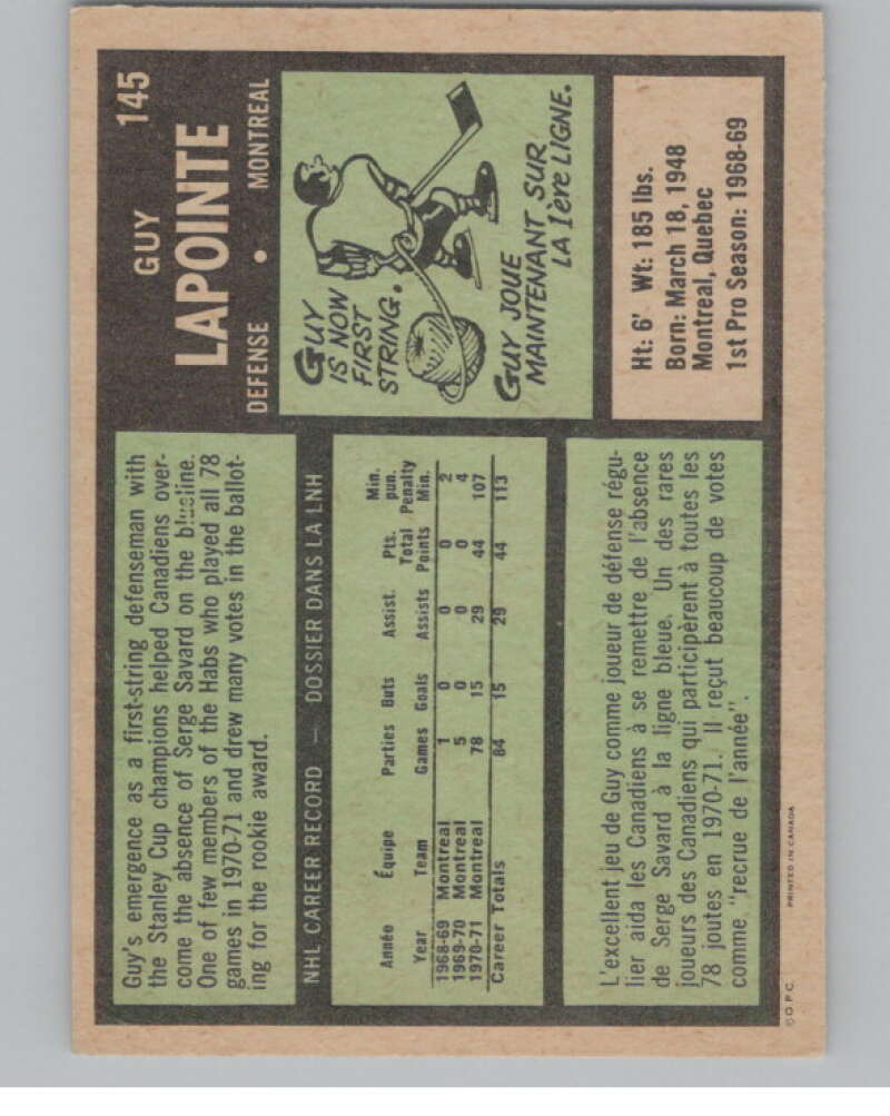 1971-72 O-Pee-Chee #145 Guy Lapointe Montreal Canadiens V99156 Image 2