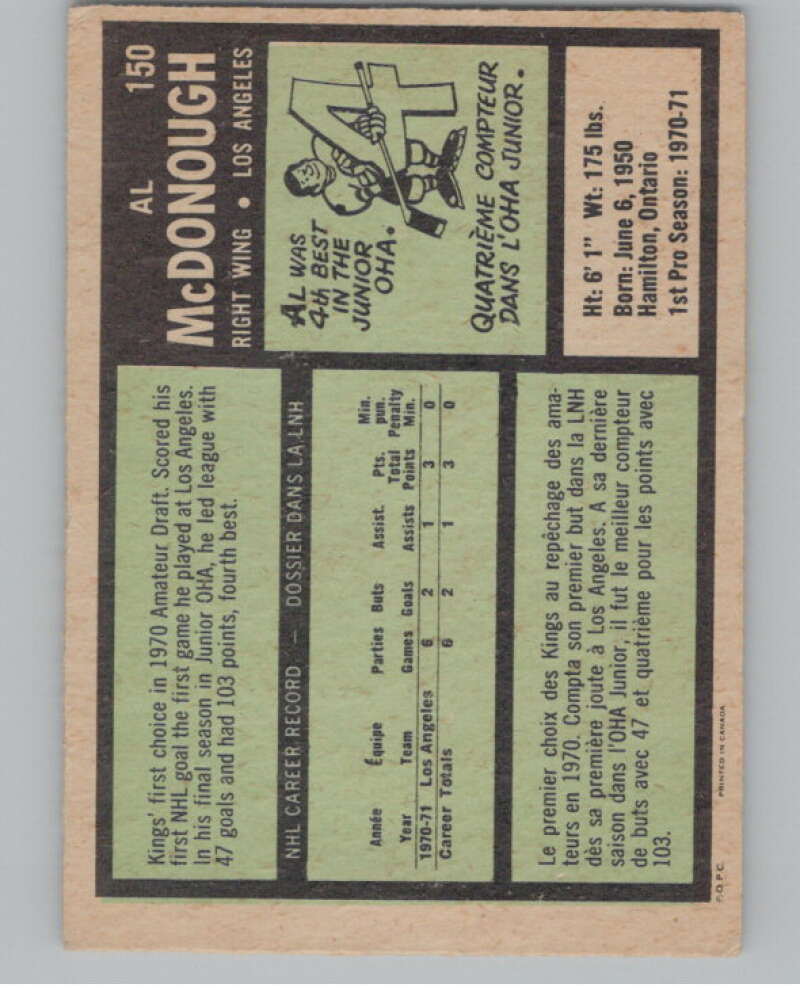 1971-72 O-Pee-Chee #150 Al McDonough RC Rookie Kings V99158 Image 2