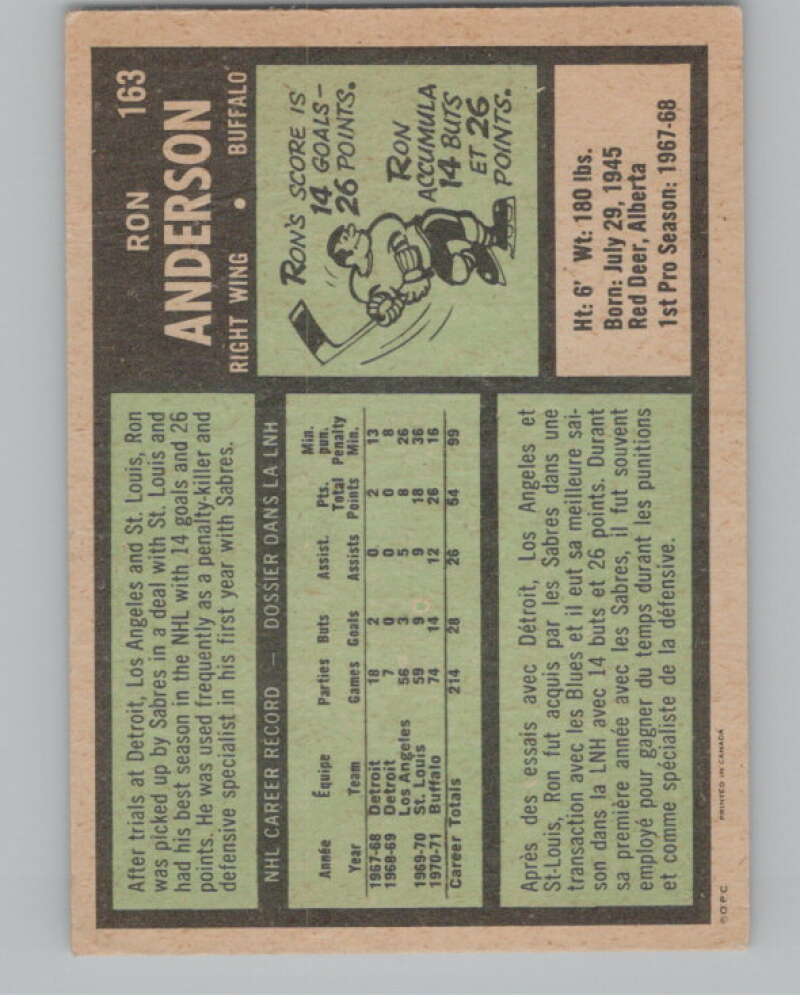 1971-72 O-Pee-Chee #163 Ron Anderson Buffalo Sabres V99165 Image 2