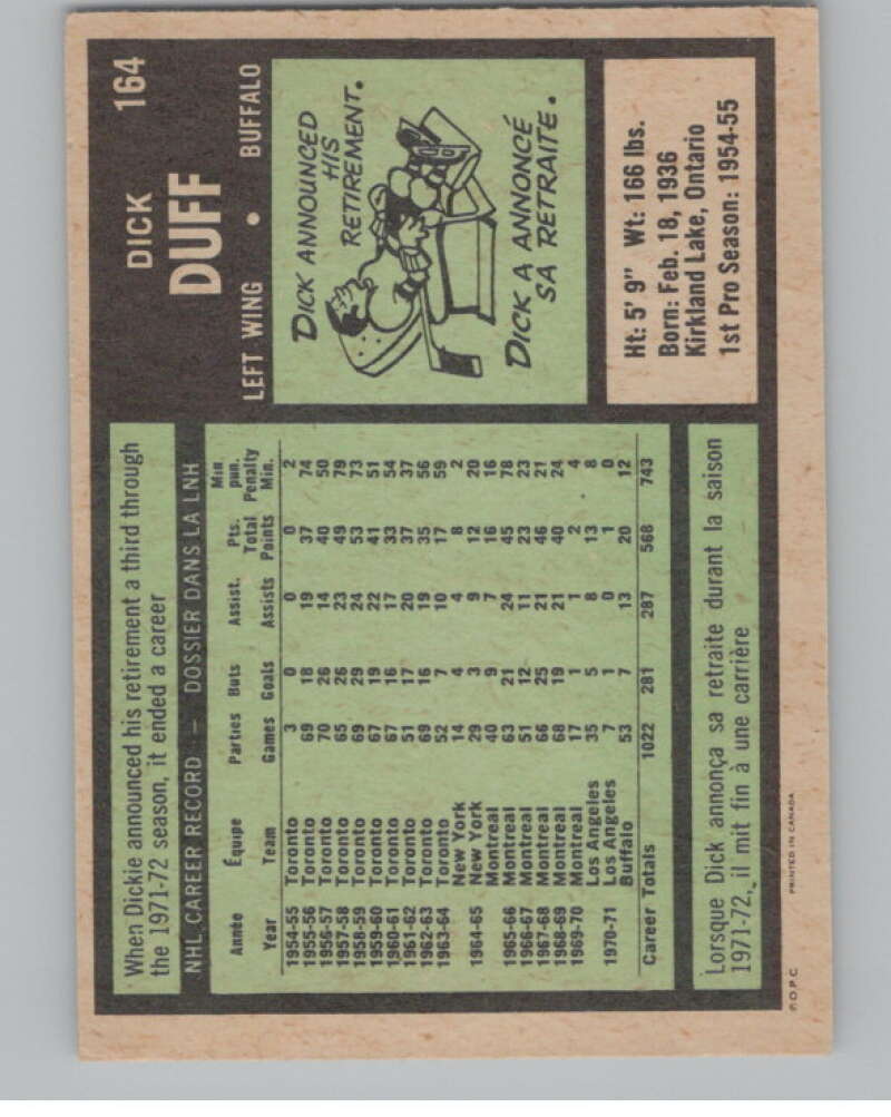 1971-72 O-Pee-Chee #164 Dick Duff Buffalo Sabres V99166 Image 2