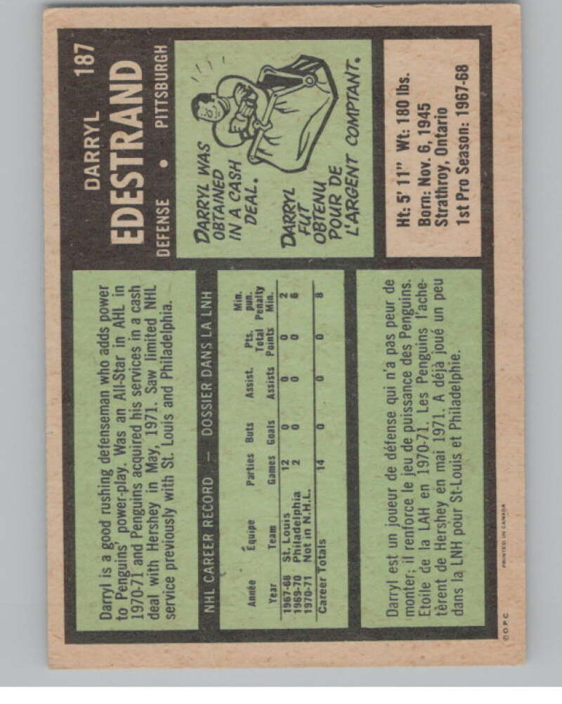1971-72 O-Pee-Chee #187 Darryl Edestrand RC Rookie Pittsburgh Penguins V99180 Image 2