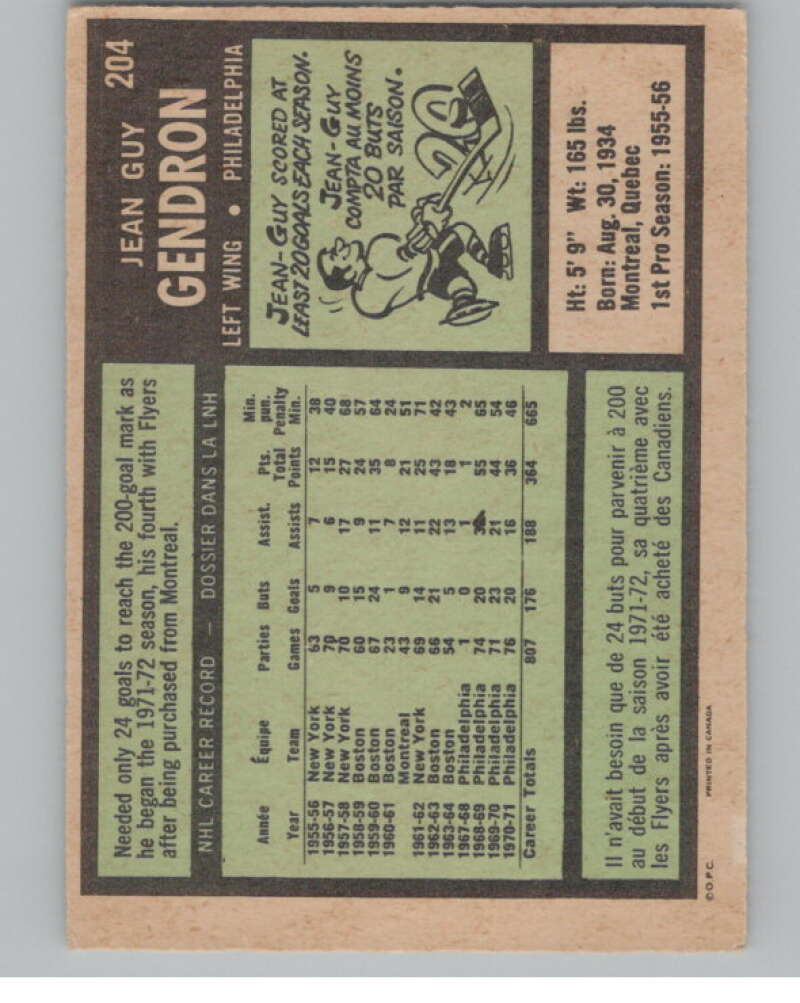 1971-72 O-Pee-Chee #204 Jean-Guy Gendron Philadelphia Flyers V99186 Image 2