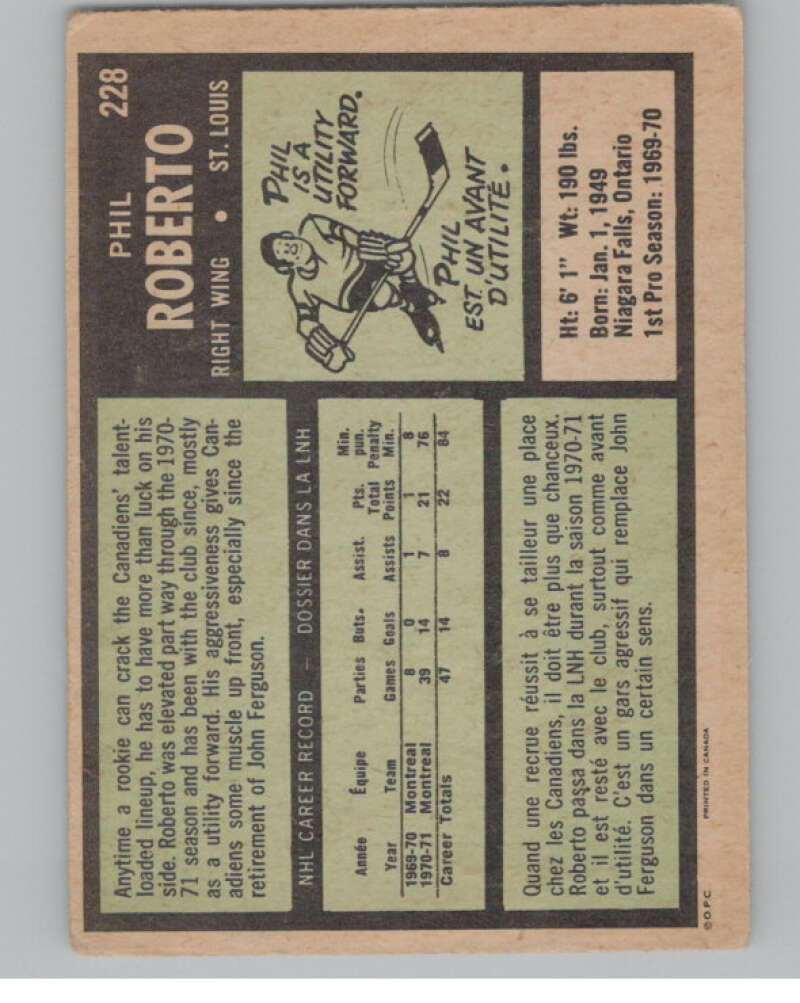 1971-72 O-Pee-Chee #228 Phil Roberto RC Rookie St. Louis Blues V99197 Image 2