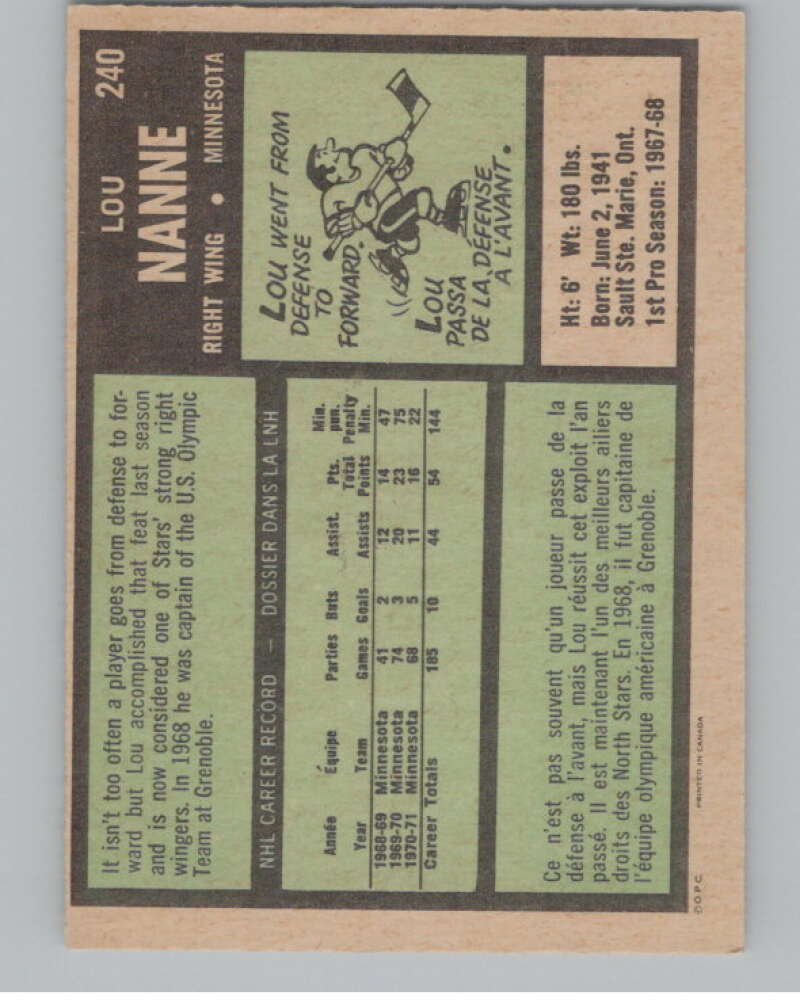 1971-72 O-Pee-Chee #240 Lou Nanne Minnesota North Stars V99209 Image 2