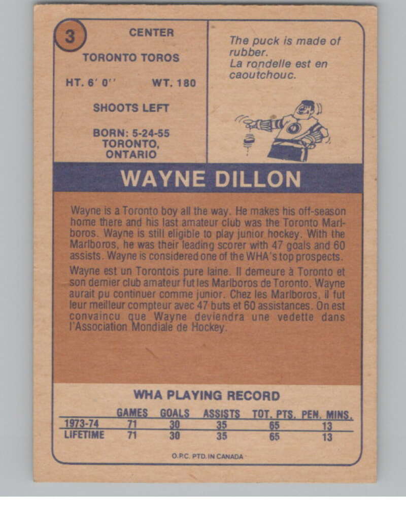 1974-75 O-Pee-Chee WHA #3 Wayne Dillon RC Rookie Toronto Toros V99213 Image 2