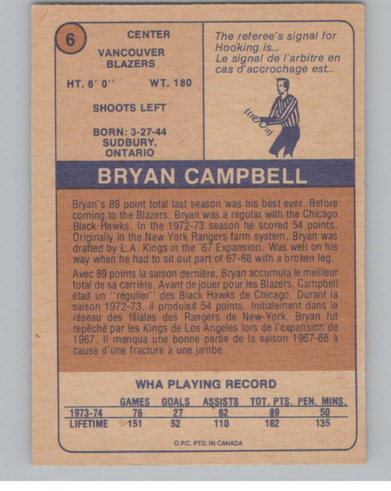 1974-75 O-Pee-Chee WHA #6 Bryan Campbell Vancouver Blazers V99214 Image 2