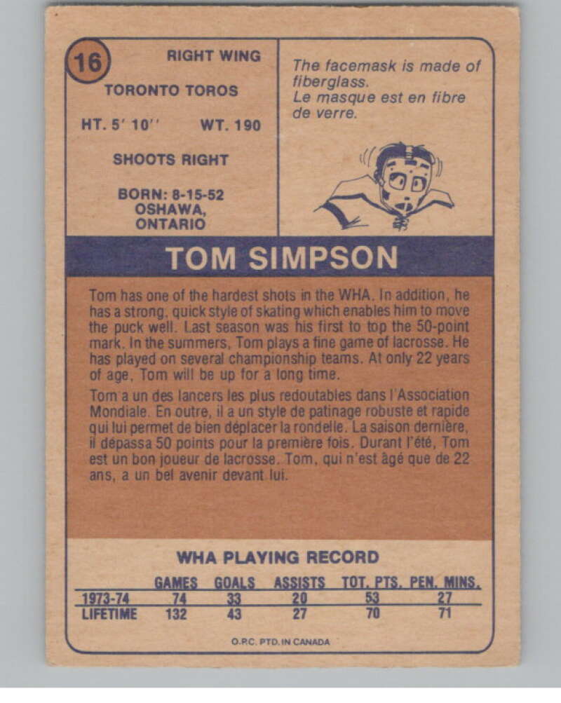 1974-75 O-Pee-Chee WHA #16 Tom Simpson RC Rookie Toros V99217 Image 2