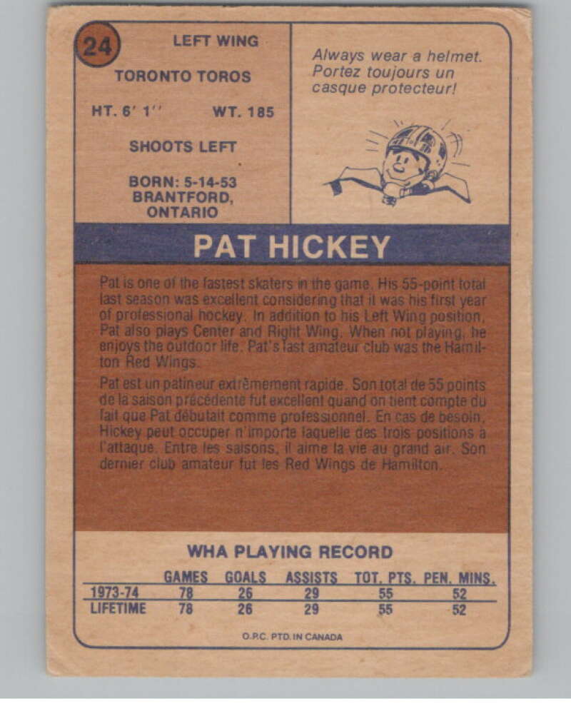 1974-75 O-Pee-Chee WHA #24 Pat Hickey RC Rookie Toronto Toros V99220 Image 2