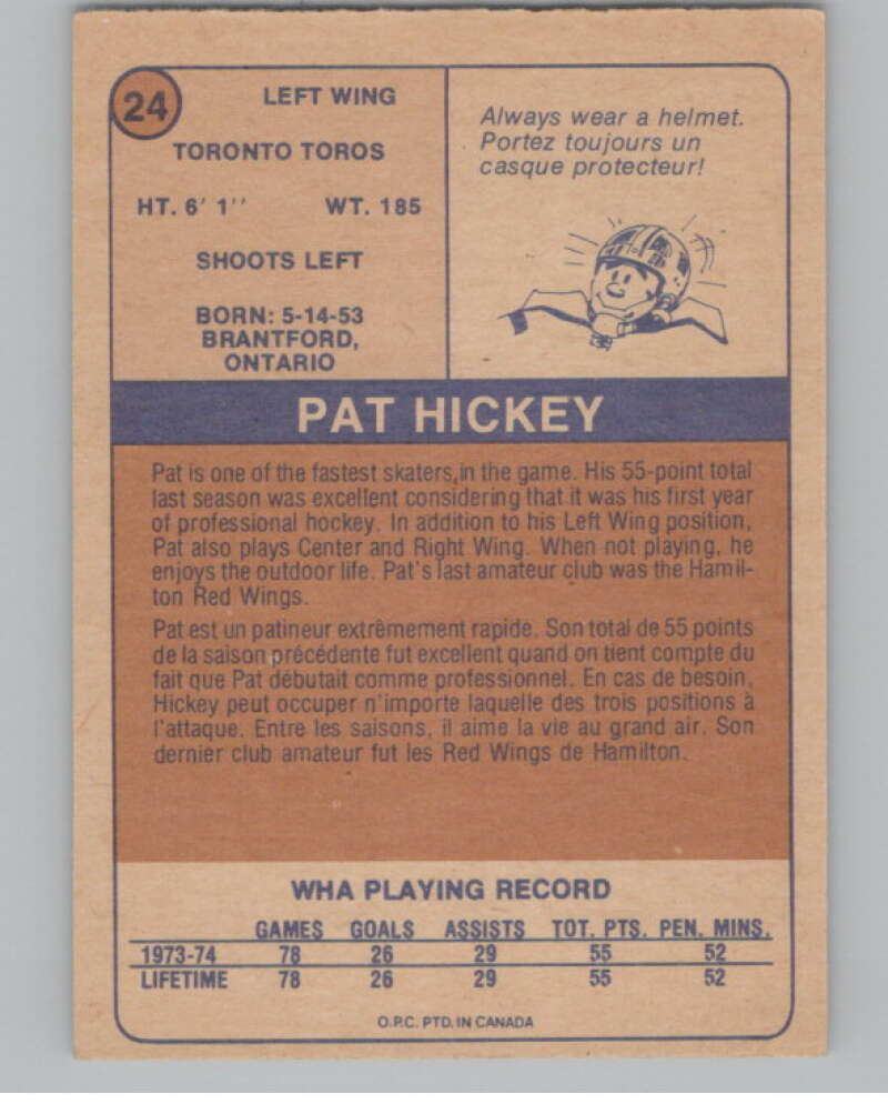 1974-75 O-Pee-Chee WHA #24 Pat Hickey RC Rookie Toronto Toros V99221 Image 2