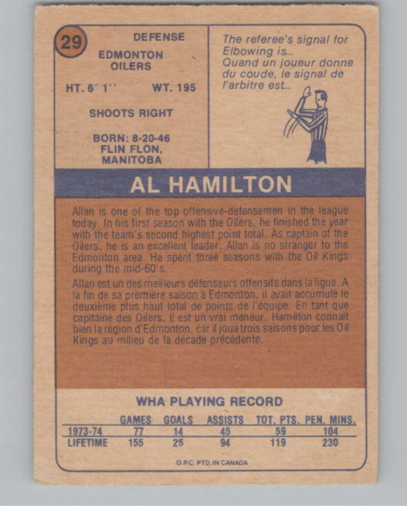 1974-75 O-Pee-Chee WHA #29 Al Hamilton Edmonton Oilers V99224 Image 2