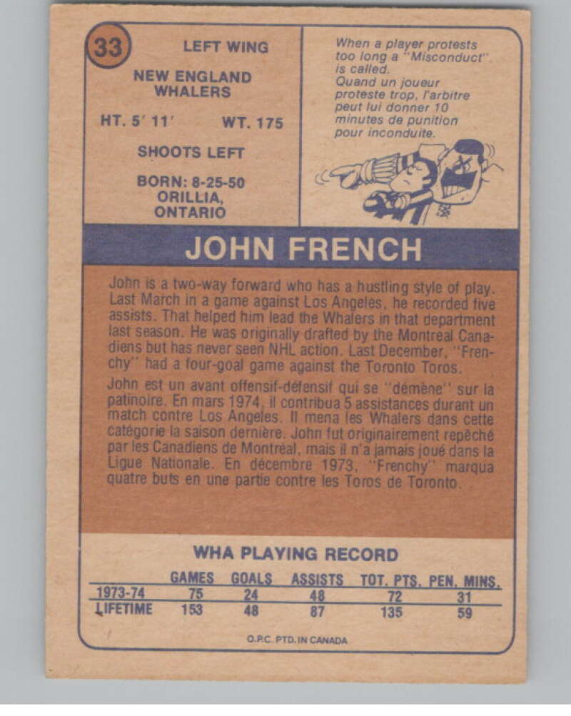 1974-75 O-Pee-Chee WHA #33 John French RC Rookie Whalers V99226 Image 2
