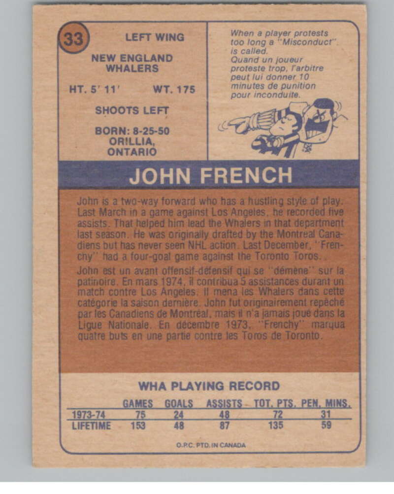 1974-75 O-Pee-Chee WHA #33 John French RC Rookie Whalers V99227 Image 2