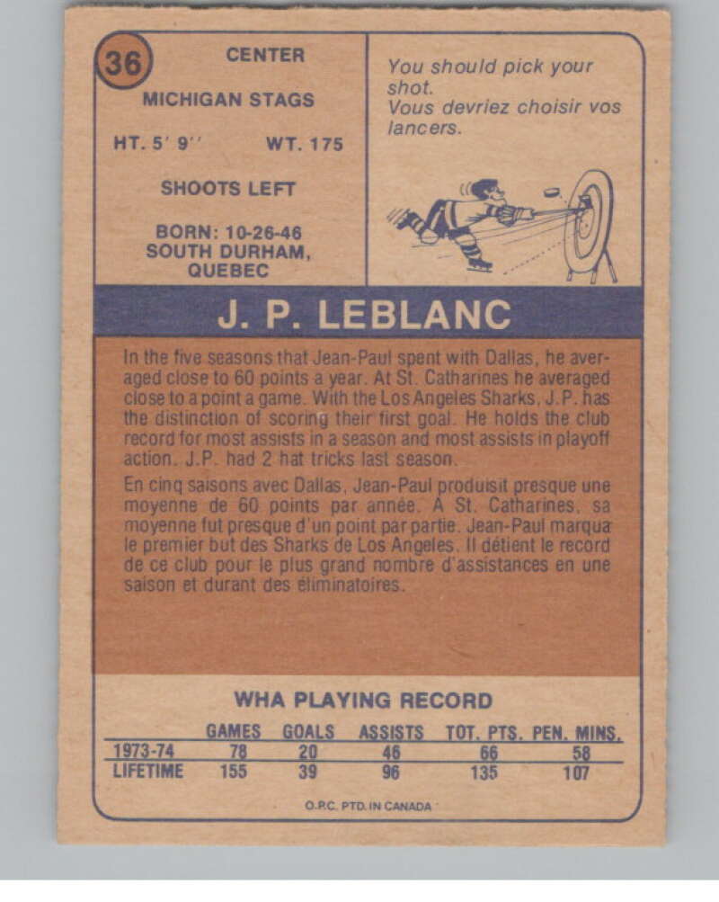 1974-75 O-Pee-Chee WHA #36 Jean-Paul LeBlanc RC Rookie Michigan V99229 Image 2