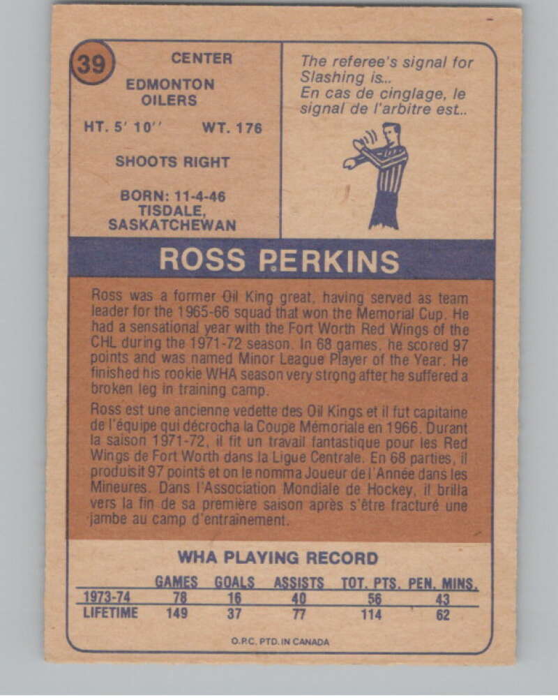 1974-75 O-Pee-Chee WHA #39 Ross Perkins RC Rookie Oilers V99231 Image 2