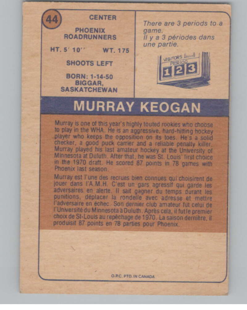 1974-75 O-Pee-Chee WHA #44 Murray Keogan RC Rookie Roadrunners V99232 Image 2