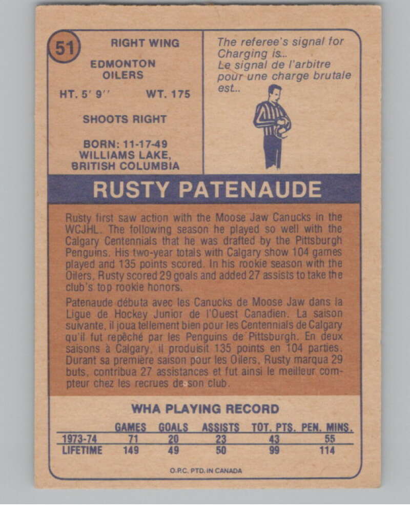 1974-75 O-Pee-Chee WHA #51 Rusty Patenaude RC Rookie Oilers V99235 Image 2