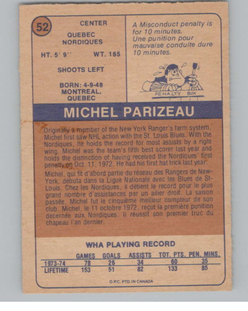 1974-75 O-Pee-Chee WHA #52 Michel Parizeau Quebec Nordiques V99236 Image 2