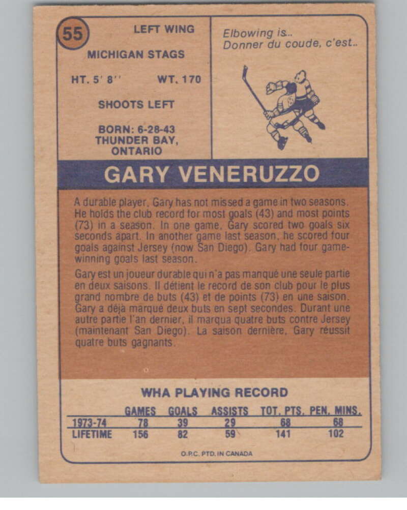 1974-75 O-Pee-Chee WHA #55 Gary Veneruzzo Michigan Stags V99239 Image 2