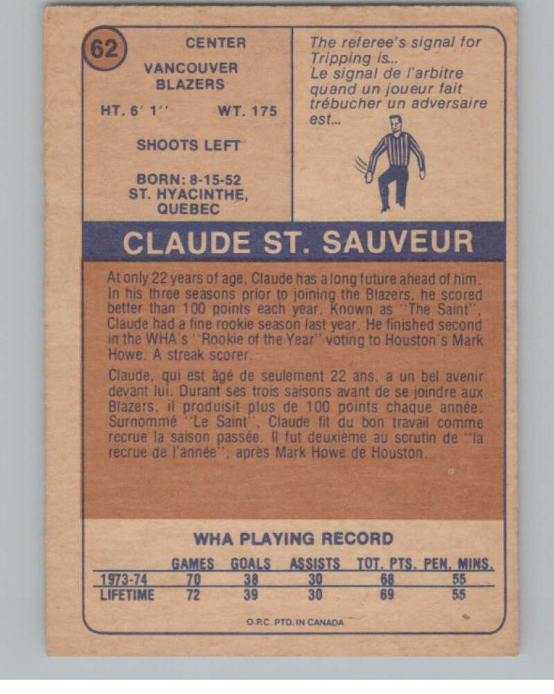 1974-75 O-Pee-Chee WHA #62 Claude St. Sauveur RC Rookie Blazers V99242 Image 2