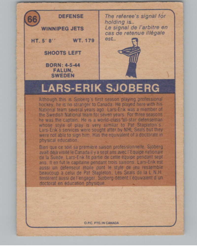 1974-75 O-Pee-Chee WHA #66 Lars-Erik Sjoberg RC Rookie Jets V99244 Image 2