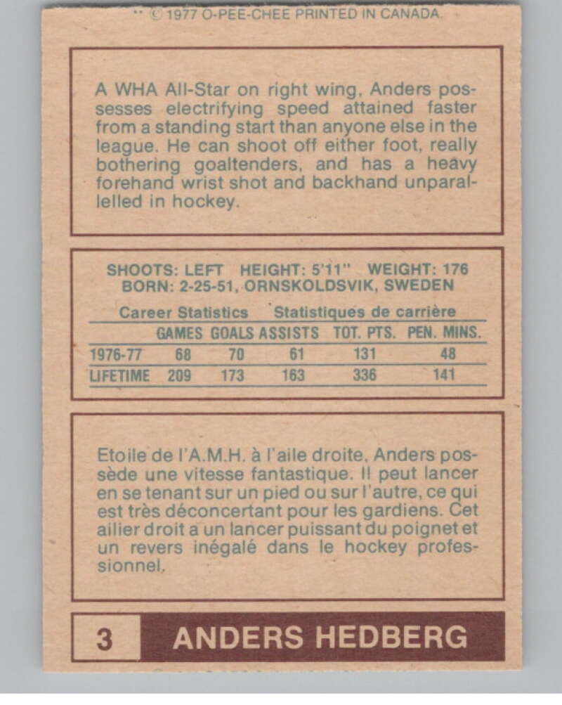 1977-78 O-Pee-Chee WHA #3 Anders Hedberg Winnipeg Jets V99245 Image 2