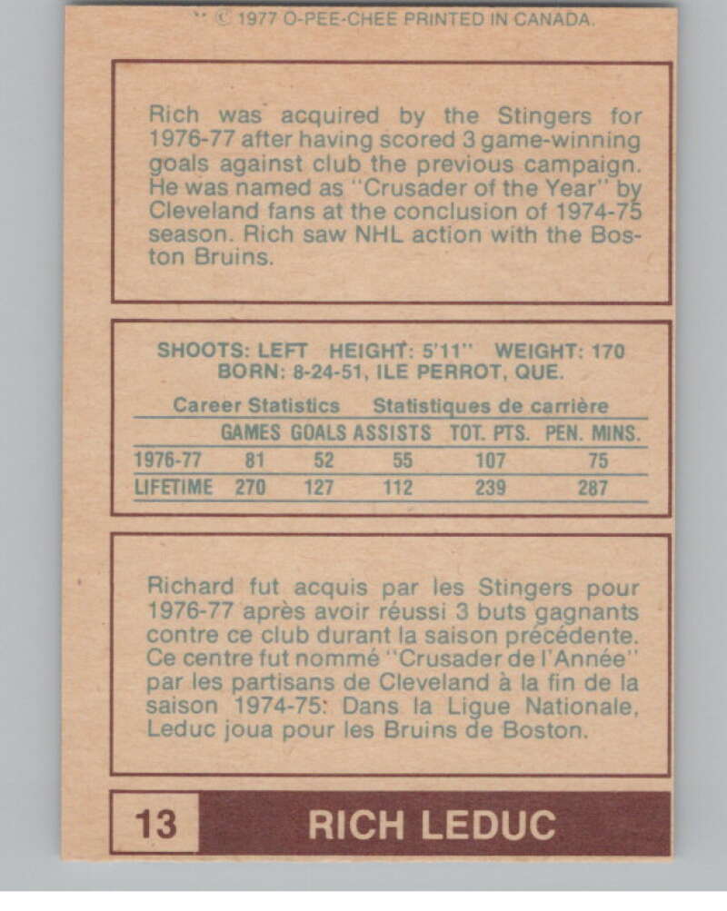 1977-78 O-Pee-Chee WHA #13 Rich Leduc Cincinnati Stingers V99253 Image 2