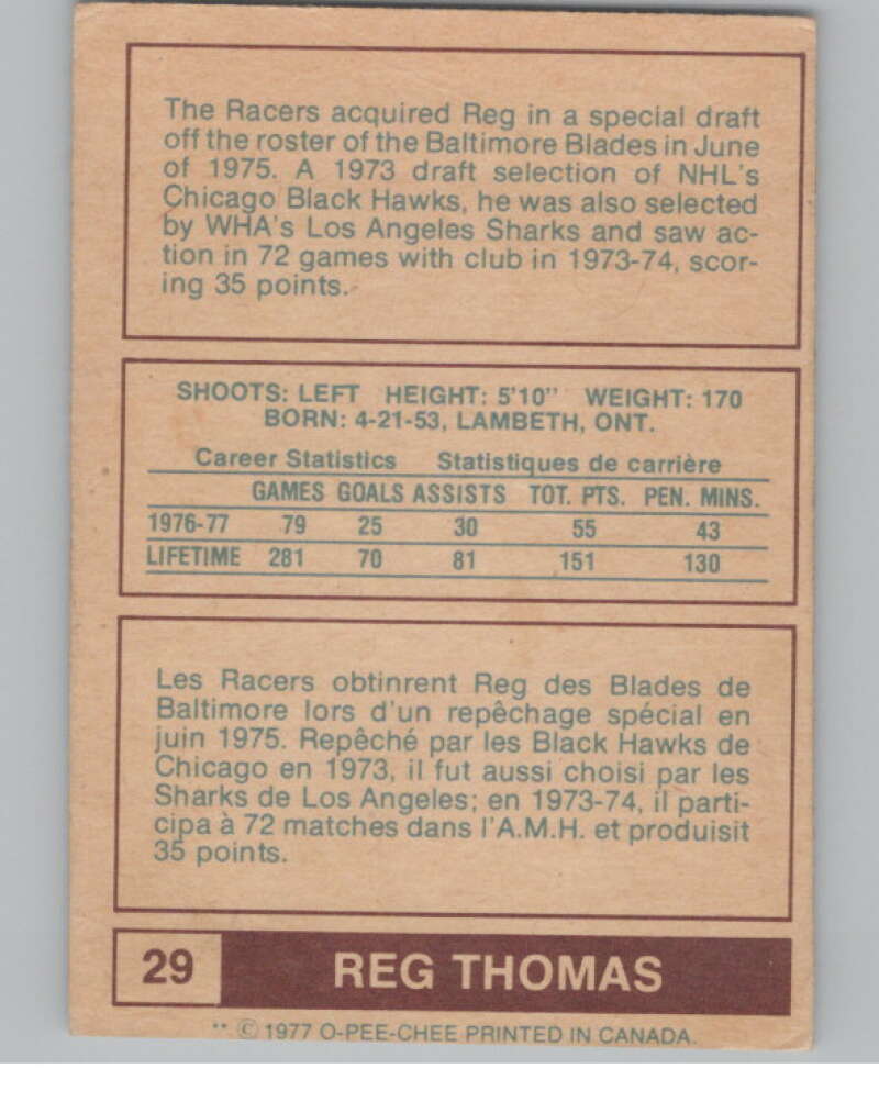 1977-78 O-Pee-Chee WHA #29 Reg Thomas Indianapolis Racers V99266 Image 2