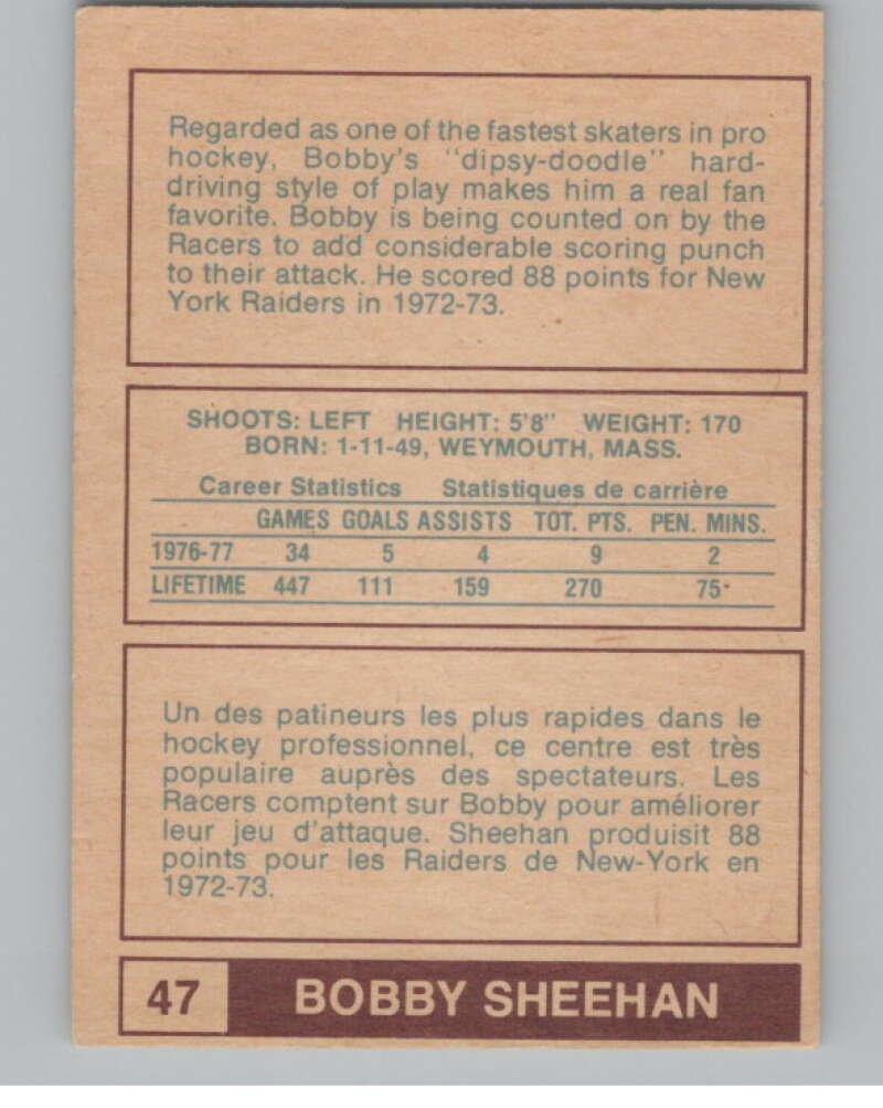 1977-78 O-Pee-Chee WHA #47 Bobby Sheehan Racers V99279 Image 2
