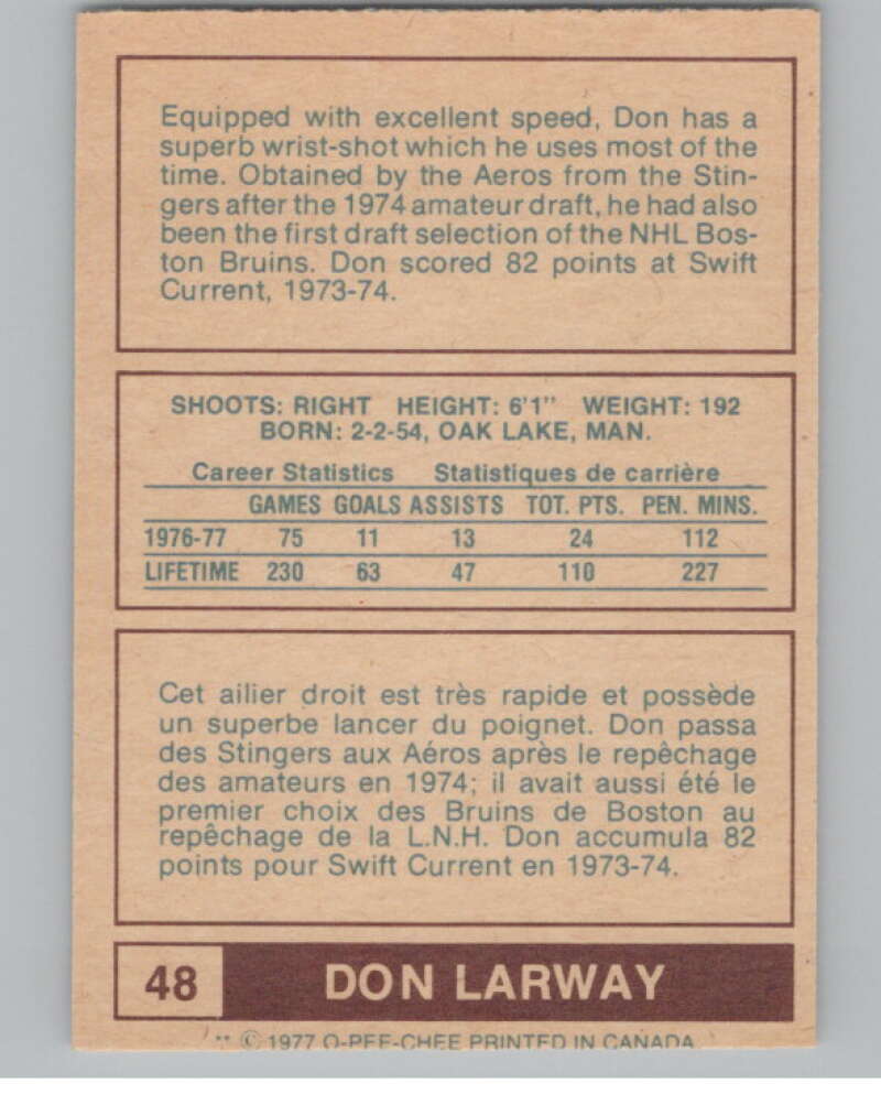 1977-78 O-Pee-Chee WHA #48 Don Larway RC Rookie Aeros V99281 Image 2