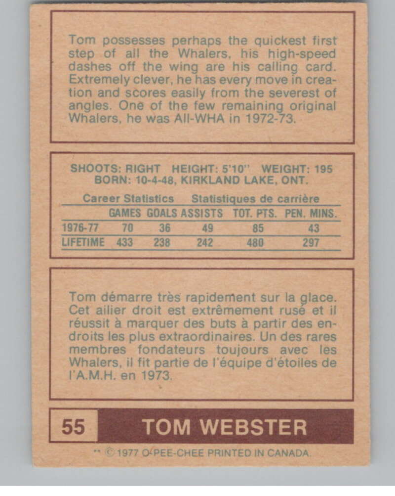 1977-78 O-Pee-Chee WHA #55 Tom Webster New England Whalers V99288 Image 2