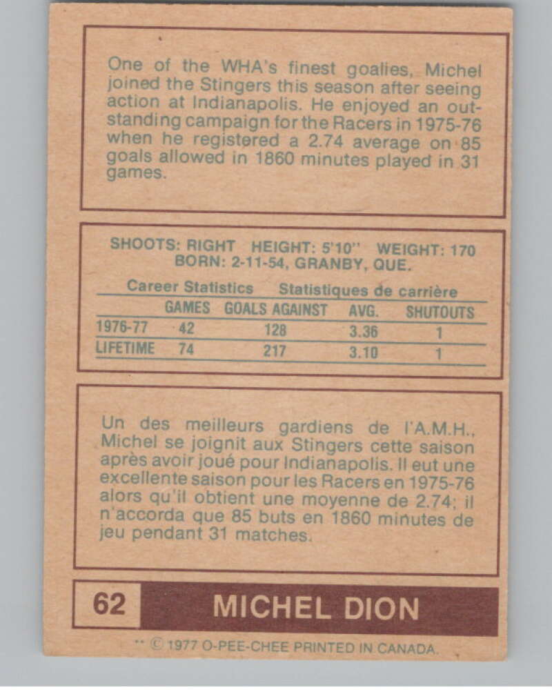 1977-78 O-Pee-Chee WHA #62 Michel Dion Cincinnati Stingers V99294 Image 2