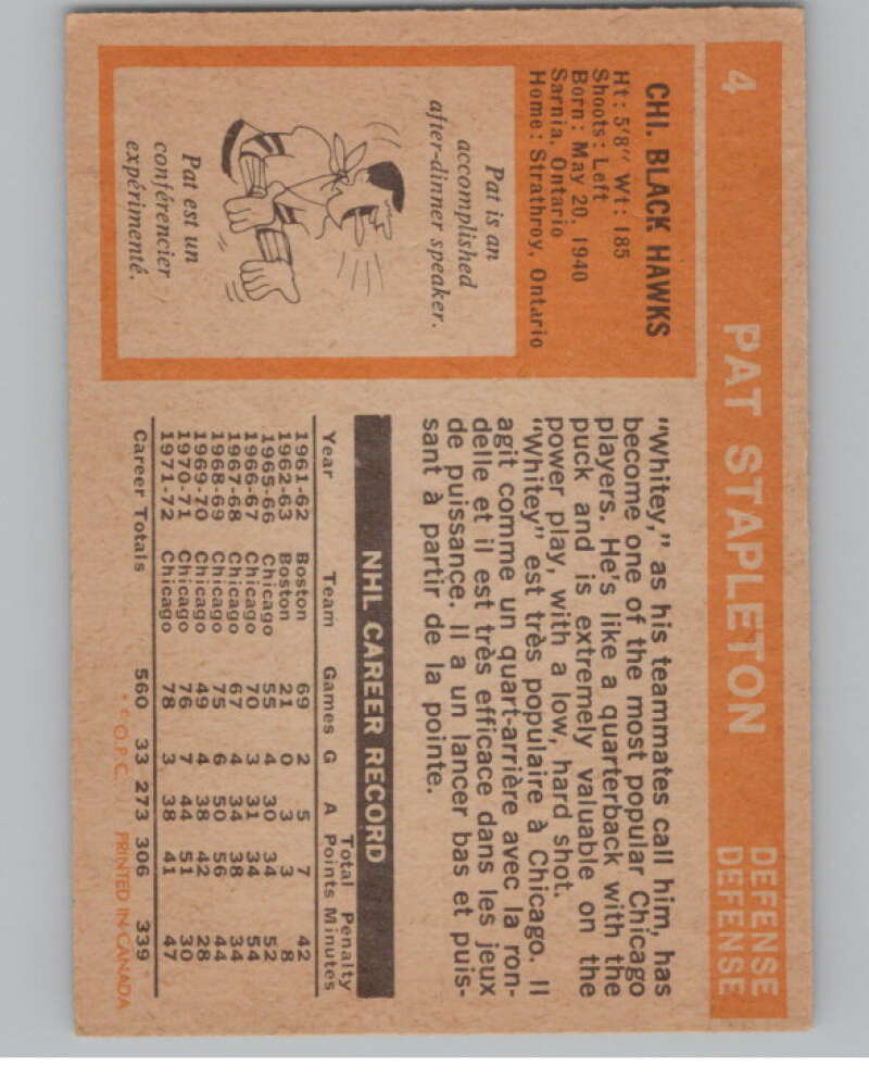 1972-73 O-Pee-Chee #4 Pat Stapleton Chicago Blackhawks V99303 Image 2