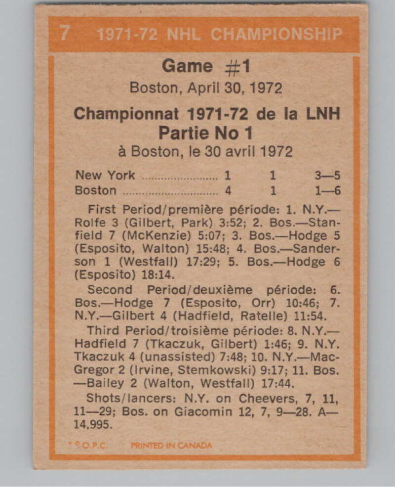 1972-73 O-Pee-Chee #7 Playoff Game 1 Boston Bruins/New York Rangers V99307 Image 2