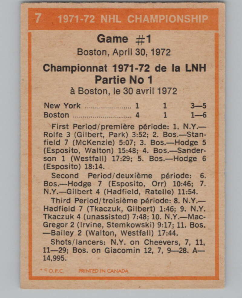 1972-73 O-Pee-Chee #7 Playoff Game 1 Boston Bruins/New York Rangers V99308 Image 2