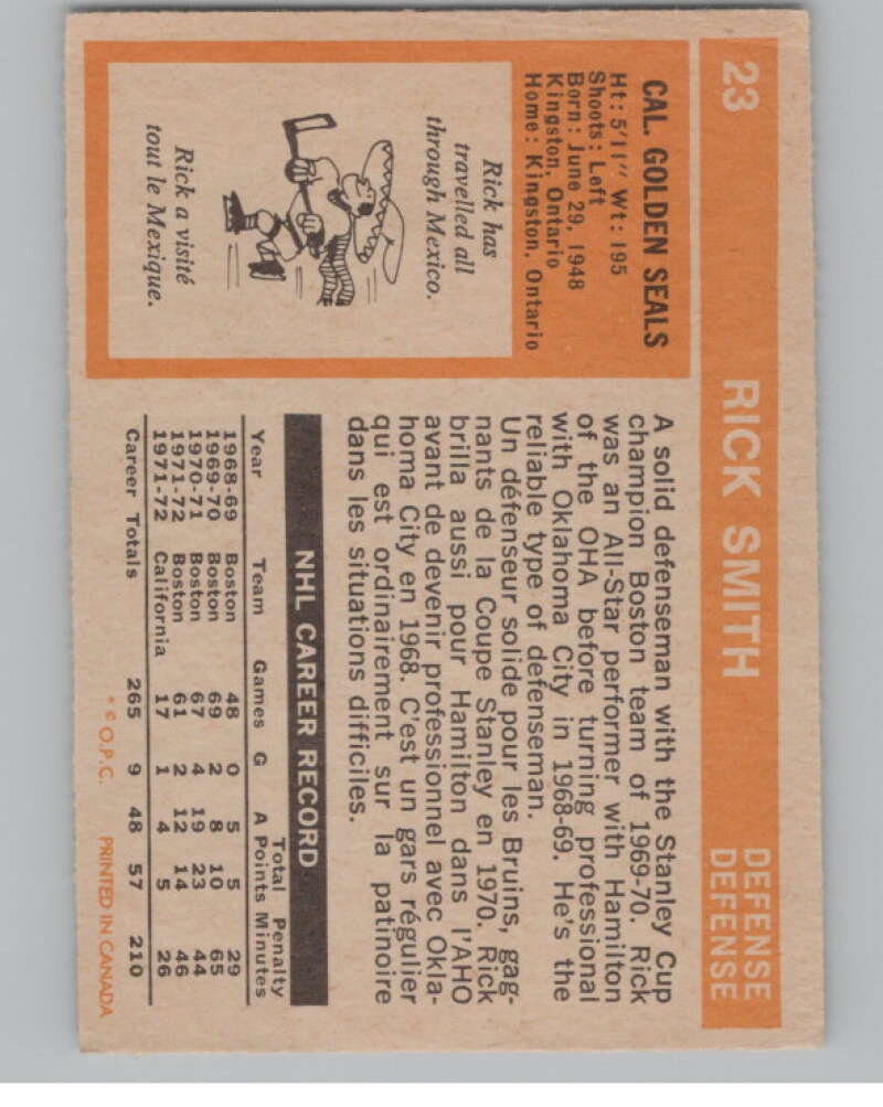 1972-73 O-Pee-Chee #23 Rick Smith UER California Golden Seals V99332 Image 2