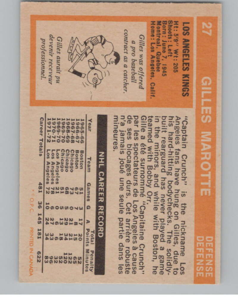 1972-73 O-Pee-Chee #27 Gilles Marotte Los Angeles Kings V99342 Image 2