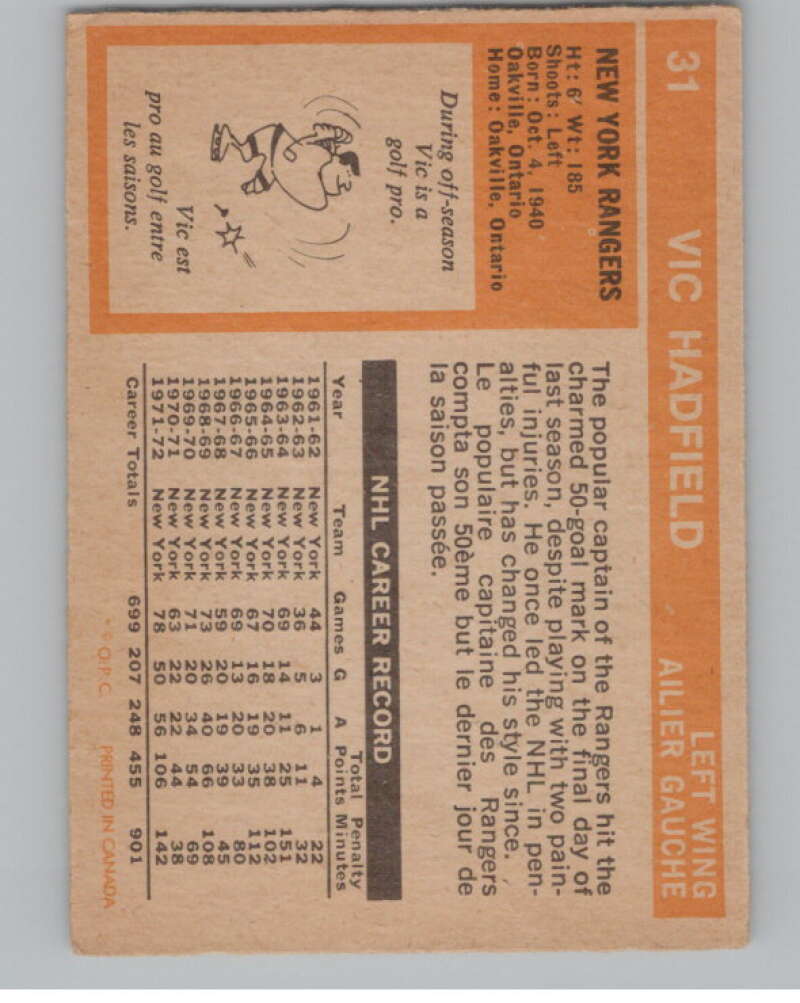 1972-73 O-Pee-Chee #31 Vic Hadfield New York Rangers V99346 Image 2