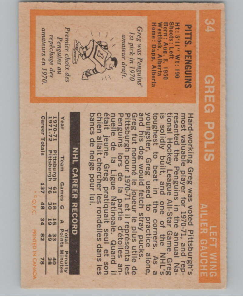 1972-73 O-Pee-Chee #34 Greg Polis Pittsburgh Penguins V99349 Image 2