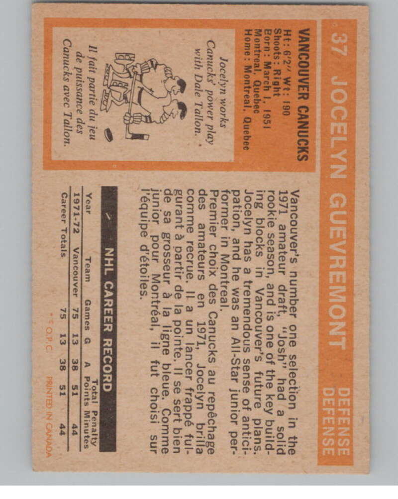 1972-73 O-Pee-Chee #37 Jocelyn Guevremont Vancouver Canucks V99356 Image 2