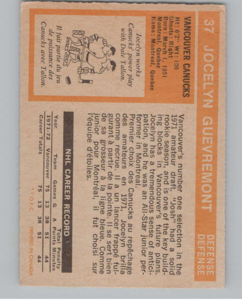 1972-73 O-Pee-Chee #37 Jocelyn Guevremont Vancouver Canucks V99357 Image 2