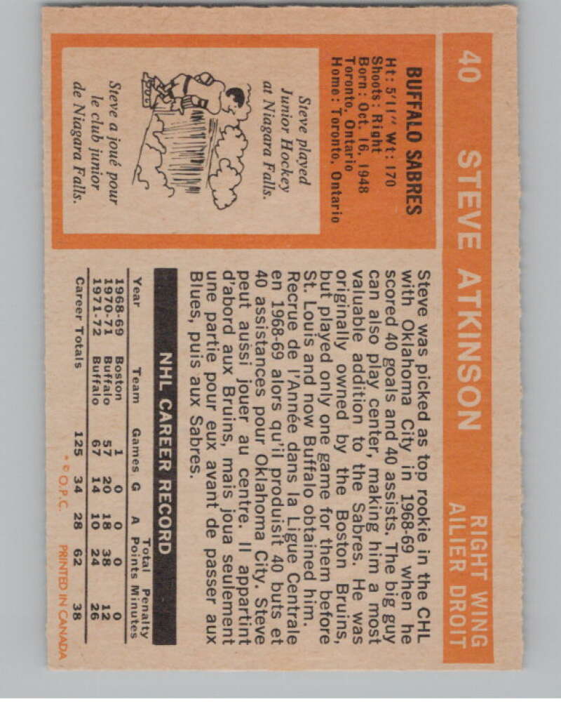 1972-73 O-Pee-Chee #40 Steve Atkinson Buffalo Sabres V99360 Image 2