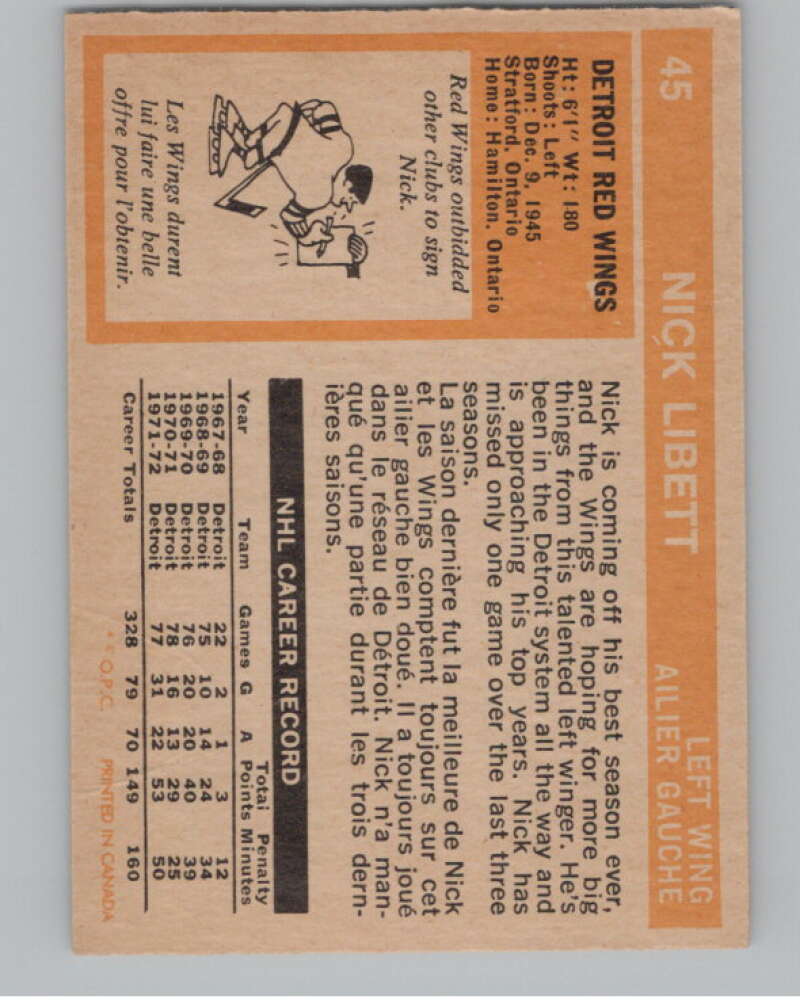 1972-73 O-Pee-Chee #45 Nick Libett Detroit Red Wings V99369 Image 2