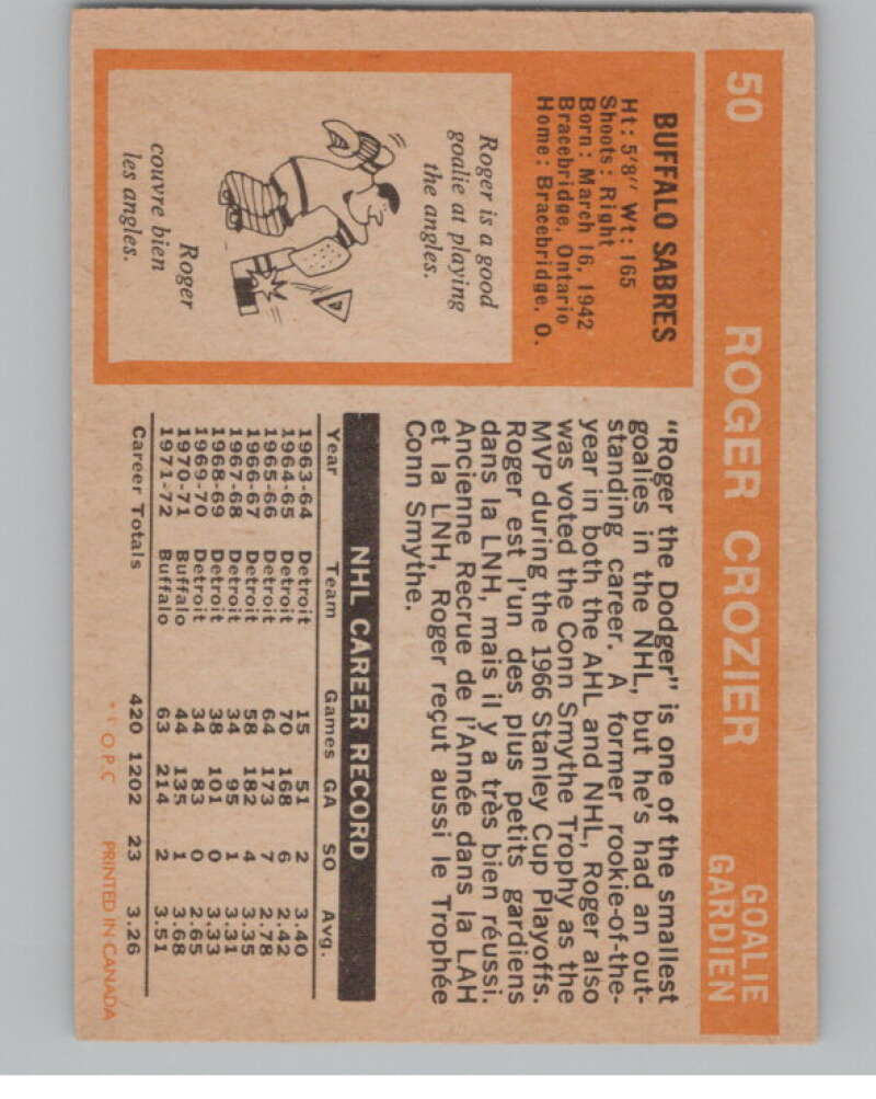 1972-73 O-Pee-Chee #50 Roger Crozier Buffalo Sabres V99375 Image 2