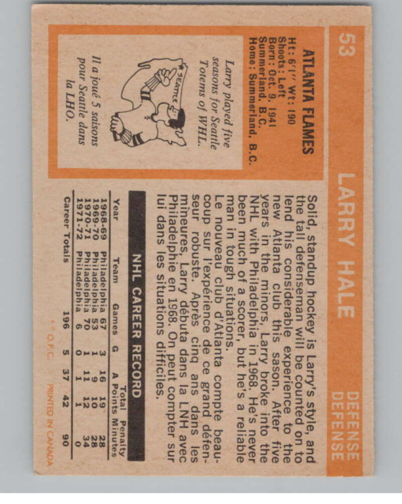 1972-73 O-Pee-Chee #53 Larry Hale RC Rookie Atlanta Flames V99383 Image 2