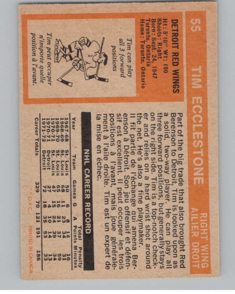 1972-73 O-Pee-Chee #55 Tim Ecclestone Detroit Red Wings V99386 Image 2